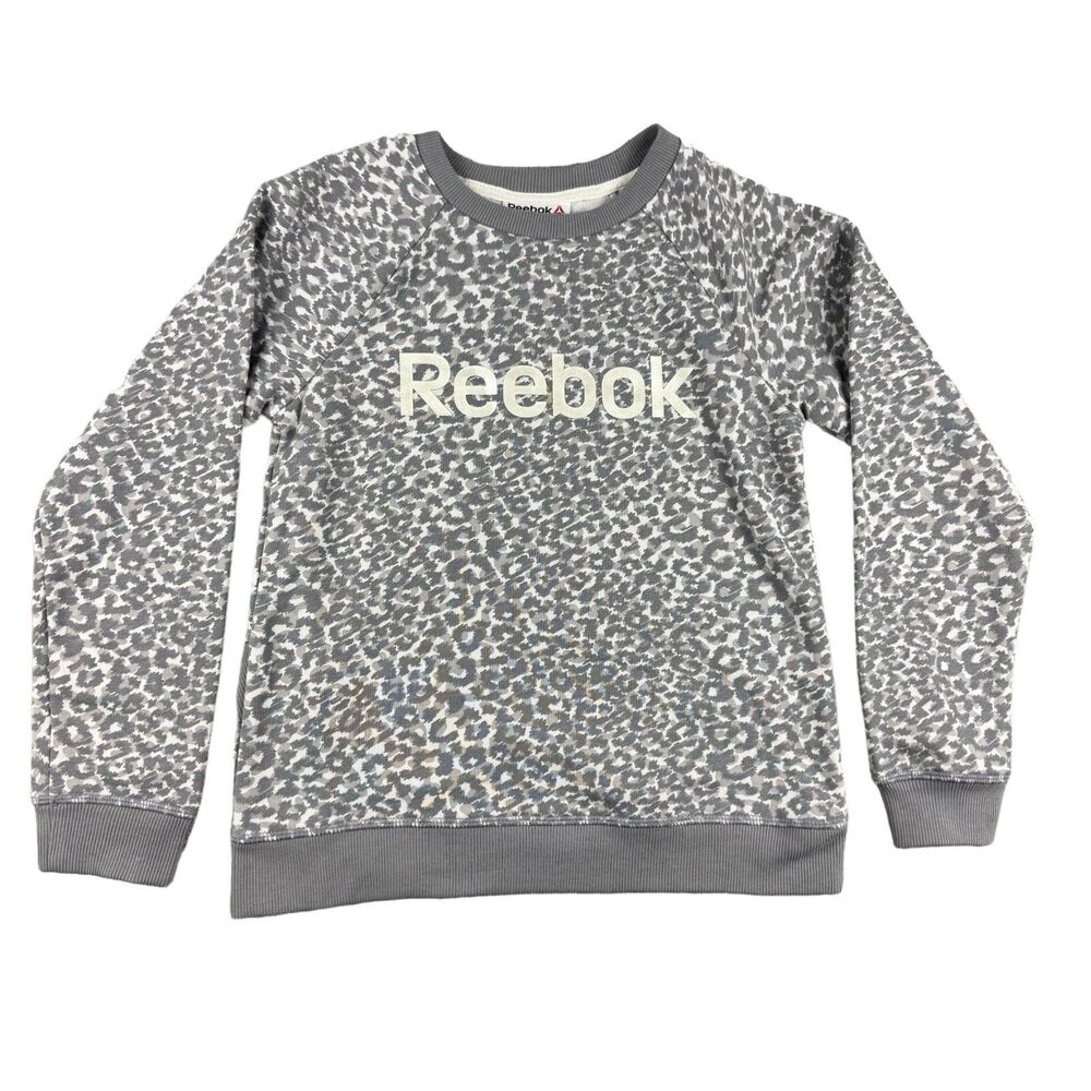 Reebok Sweatshirt Girls Large 10-12 Gray Animal Print Crew Long Sleeve Sweater
